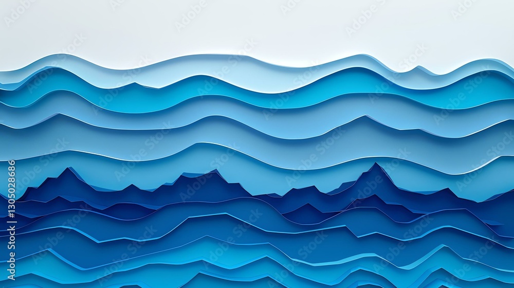 Fototapeta premium Abstract layered paper art depicting a serene ocean wave pattern in varying shades of blue, creating a calming visual experience perfect for design and creative projects.