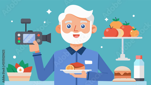 With a sharp sense of taste and a wit to match this senior foodie vlogger takes viewers on a journey through various cuisines leaving them hungry for more.. Vector illustration