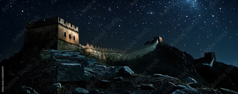 custom made wallpaper toronto digitalThe Great Wall of China illuminated by soft moonlight, with a star-filled night sky adding to its timeless grandeur