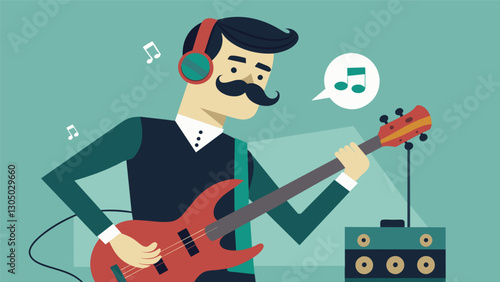 The bassist with his signature handlebar mustache grooved along with the music as he anchored the bands sound.. Vector illustration