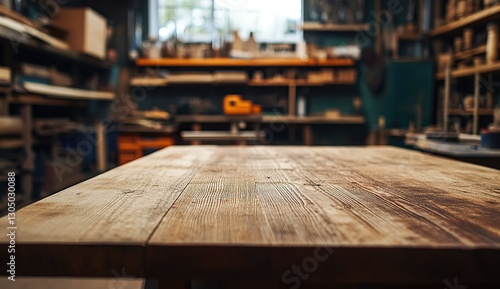 A wooden table in focus with an out-of-focus background of a woodworking shop