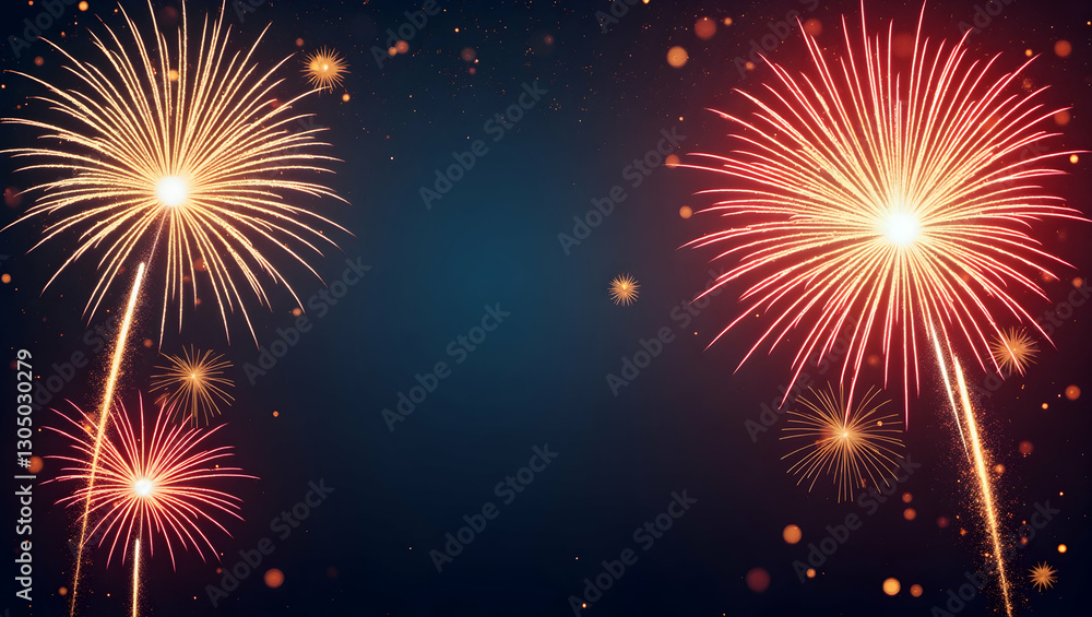 Naklejka premium Bold fireworks and metallic accents border with modern copy space for New Year events concept as Striking fireworks and metallic accents framing modern space for New Year event details in Photo Stock