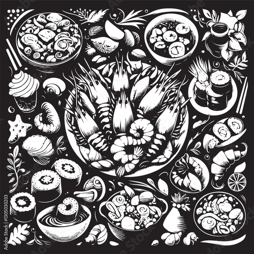 Festive seafood dishes food cooked modern delicacies with a presentation on the plate vector illustration. Delicious dishes: salads and soups of shrimp, crab, mussels, baked fish, rolls, sushi, octopu