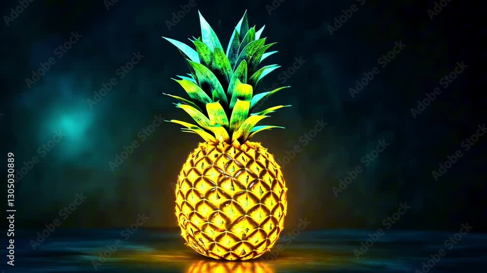 Golden neon glowing pineapple with green leaves illuminated on a dark reflective surface with smoke in the background