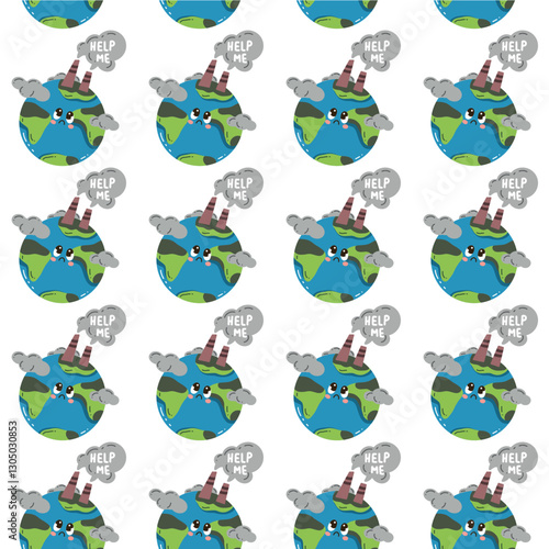 Vector seamless pattern of the Earth. A backdrop replicating Earth day, with the sweet smiling planet kawaii. Eco-friendly digital paper with a globe and a forest. Ecological design for wallpaper, tex