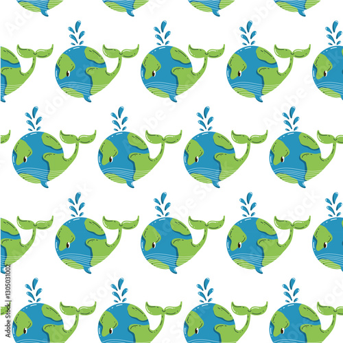 Vector seamless pattern of the Earth. A backdrop replicating Earth day, with the sweet smiling planet kawaii. Eco-friendly digital paper with a globe and a forest. Ecological design for wallpaper, tex