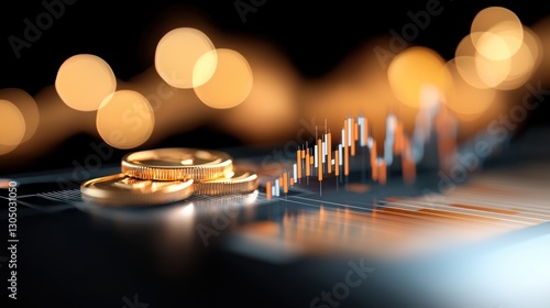 Close up view of financial data investment charts and currency coins displayed on a high tech digital screen or dashboard  Concept of economic market trading portfolio management and wealth building