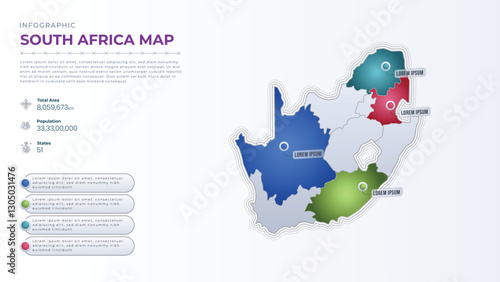 Total Area, Papulation, States & More Detailed Infographic Map of South Africa. South Africa country map infographic colored vector template with regions and pointer marks.