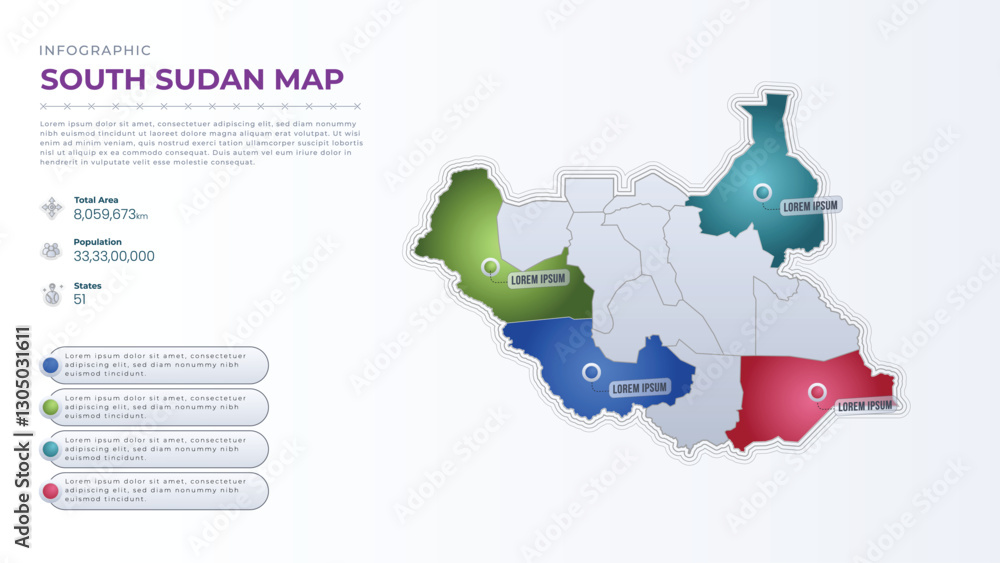 Obraz premium Total Area, Papulation, States & More Detailed Infographic Map of South Sudan. South Sudan country map infographic colored vector template with regions and pointer marks.