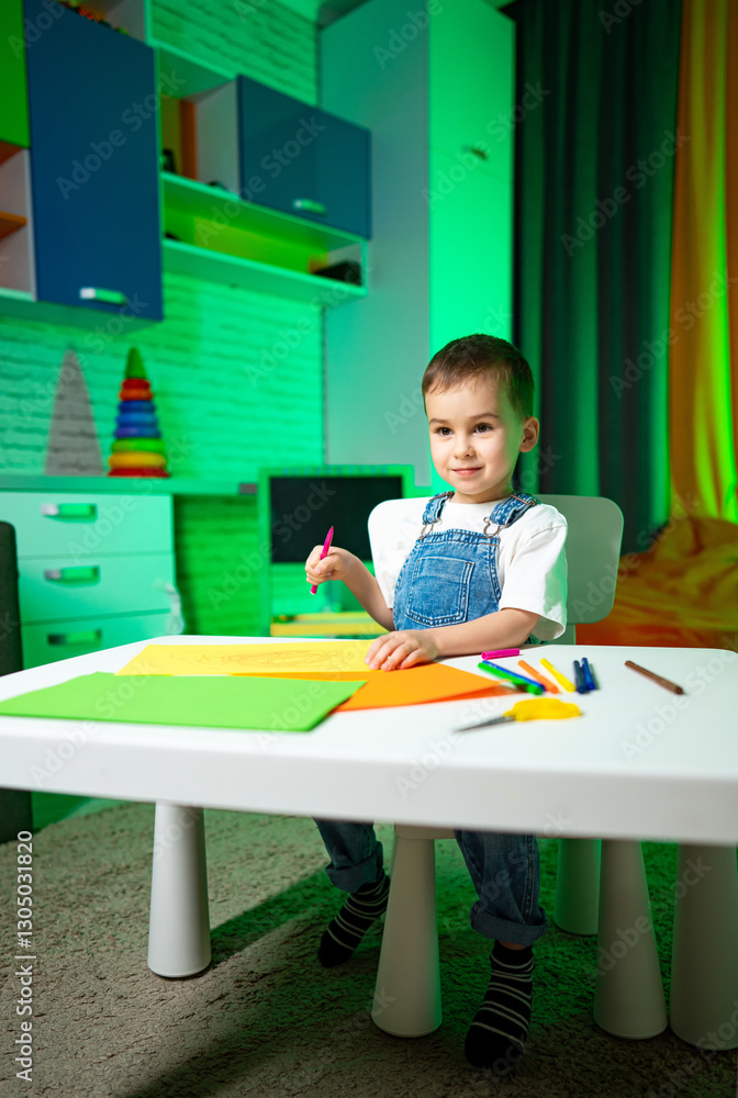 Child creating at home. Young child sits at a table with colorful paper and markers, enjoying an arts and crafts session in a bright room. Child creating at home. Young child sits at a table with colorful paper and markers, enjoying an arts and crafts session in a bright room.