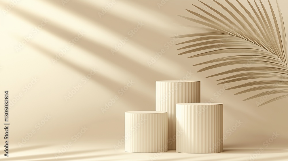 Obraz premium Abstract beige background with three round pedestals and a palm leaf shadow. A minimal mockup ideal for product presentation, cosmetic display, or beauty branding. High-resolution and detailed with sh