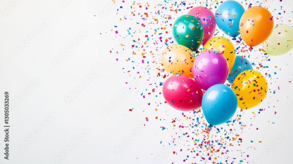 Confetti explosion with colorful balloons on a white background. generative ai Confetti explosion with colorful balloons on a white background. generative ai