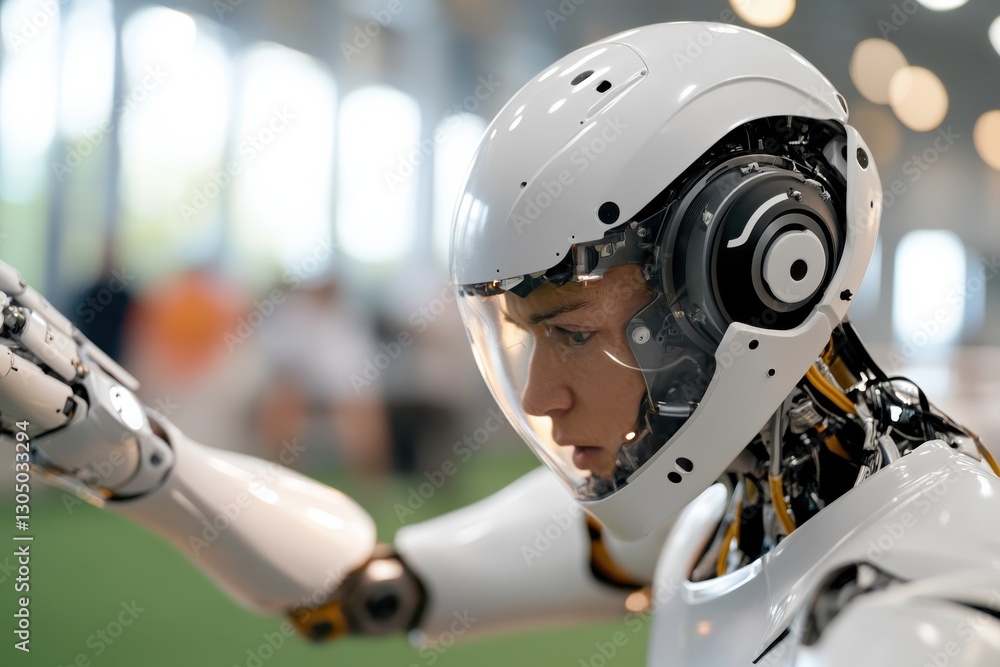 Close-up view of a humanoid robot wearing transparent protective gear, merging artificial intelligence with human-like attributes, emphasizing safety in technological advancements. Close-up view of a humanoid robot wearing transparent protective gear, merging artificial intelligence with human-like attributes, emphasizing safety in technological advancements.