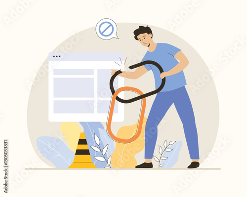 Broken link. Concept of temporary communication problems and online compound. Link to empty non existent page. Flat vector illustration.