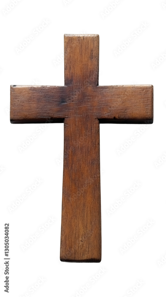 Simple wooden Christian cross isolated on transparent background, representing faith, spirituality and religion