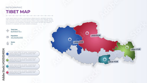 Total Area, Papulation, States & More Detailed Infographic Map of Tibet. Tibet country map infographic colored vector template with regions and pointer marks.