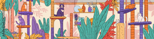 Cats in colorful room with plants cozy home interior with feline play towers various cats perched among lush foliage and pottery shelf art