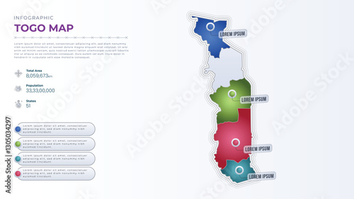 Total Area, Papulation, States & More Detailed Infographic Map of Togo. Togo country map infographic colored vector template with regions and pointer marks.