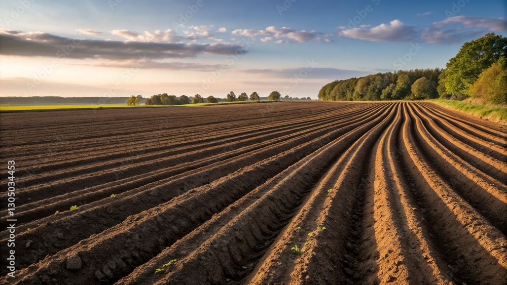 Beautiful agricultural field with plowed rows under a dramatic sky at sunset Beautiful agricultural field with plowed rows under a dramatic sky at sunset