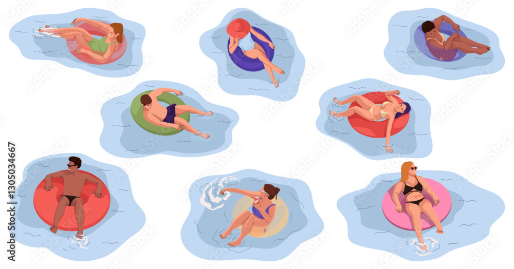 Obraz premium Set Of Men And Women Floating On Rubber Ring