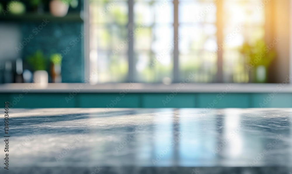 Kitchen Marble Countertop with Blurred Window Background for Product Placement Kitchen Marble Countertop with Blurred Window Background for Product Placement