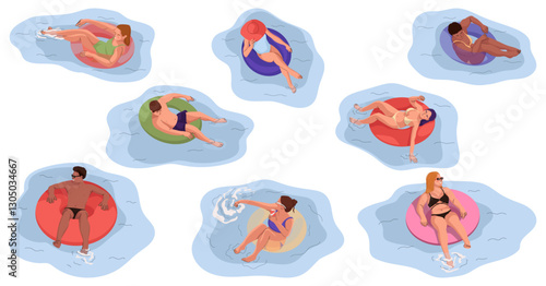 Set Of Men And Women Floating On Rubber Ring