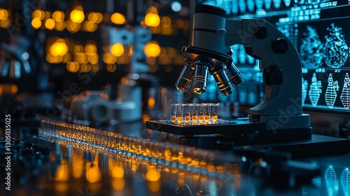 Close-Up of Laboratory Microscope with Test Tubes and Digital Screens Displaying Scientific Data