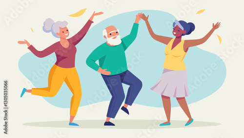Through improvised movement and fluid dance sequences seniors express their creativity and challenge their bodies during a dynamic dance therapy session.. Vector illustration