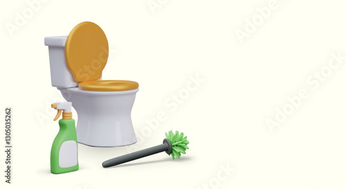 Realistic toilet with raised seat, brush, plastic spray bottle with empty label. Concept of cleaning in toilet, bathroom. Devices and detergents for bathroom, public toilet