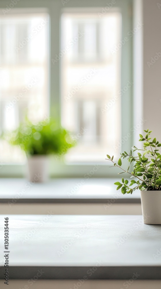 Potted Plants on Countertop Near Window with Blurred Cityscape Background Potted Plants on Countertop Near Window with Blurred Cityscape Background