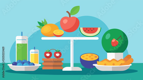 Plates of bright fruits vegetables and lean protein line the demonstration table showcasing an example of a wellbalanced meal for seniors.. Vector illustration