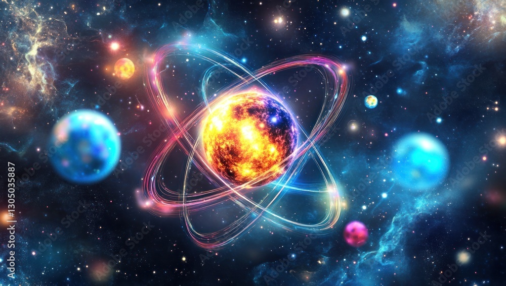 Obraz premium Abstract atom model in space with planets and nebulae.