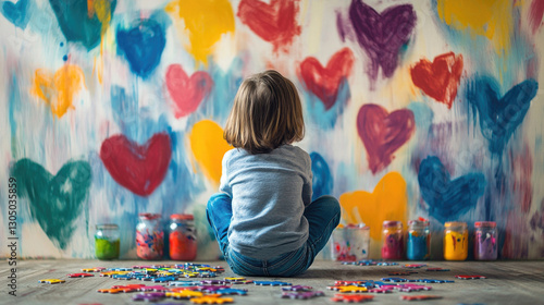 A faceless child sits alone by a painted wall with colorful hearts. Rear view.  The concept of awareness about autism.