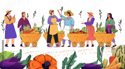 Farmers market women selling fresh produce vibrant vegetables carts colorful rural scene digital art website banner