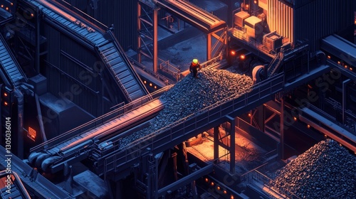 Night Shift at the Ore Processing Plant: A worker oversees the transfer of raw materials on a complex industrial conveyor system under the glow of artificial lights.