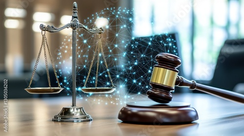 Justice scales and gavel with digital network, legal concept photo