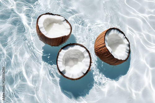Coconuts floating in clear water