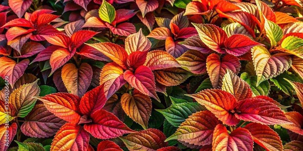 Fototapeta premium Aerial View of Vibrant Copperleaf Plants, Acalypha wilkesiana, Beefsteak Plant Foliage