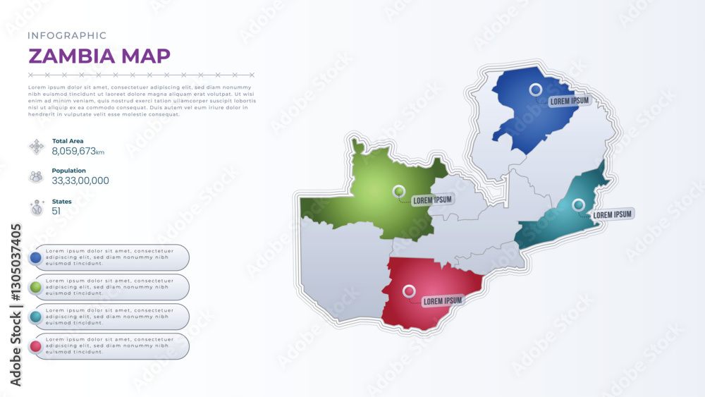 Obraz premium Total Area, Papulation, States & More Detailed Infographic Map of Zambia. Zambia country map infographic colored vector template with regions and pointer marks.