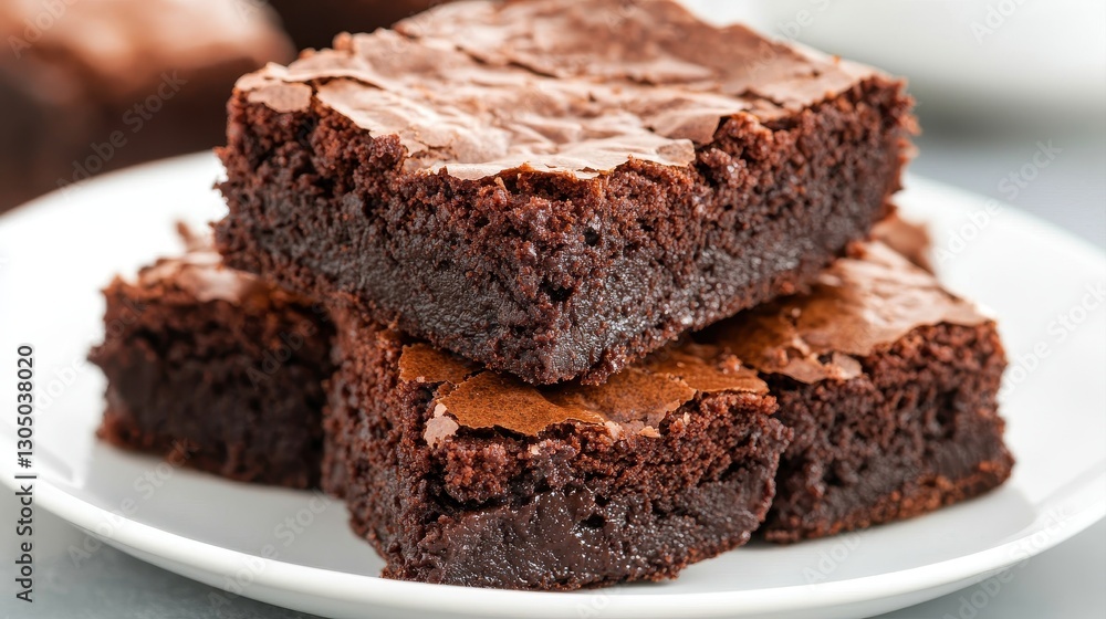 A plate of rich, fudgy brownies stacked neatly, showcasing their shiny top and moist interior, perfect for dessert lovers. A plate of rich, fudgy brownies stacked neatly, showcasing their shiny top and moist interior, perfect for dessert lovers.