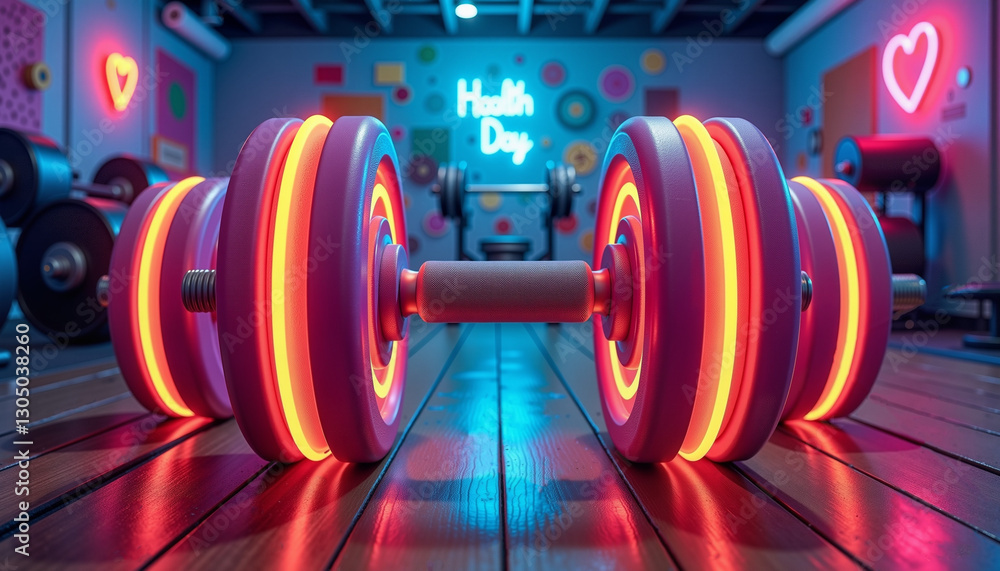 Glowing Neon Dumbbells in Vibrant Gym Setting, Fitness Motivation, World Health Day Glowing Neon Dumbbells in Vibrant Gym Setting, Fitness Motivation, World Health Day