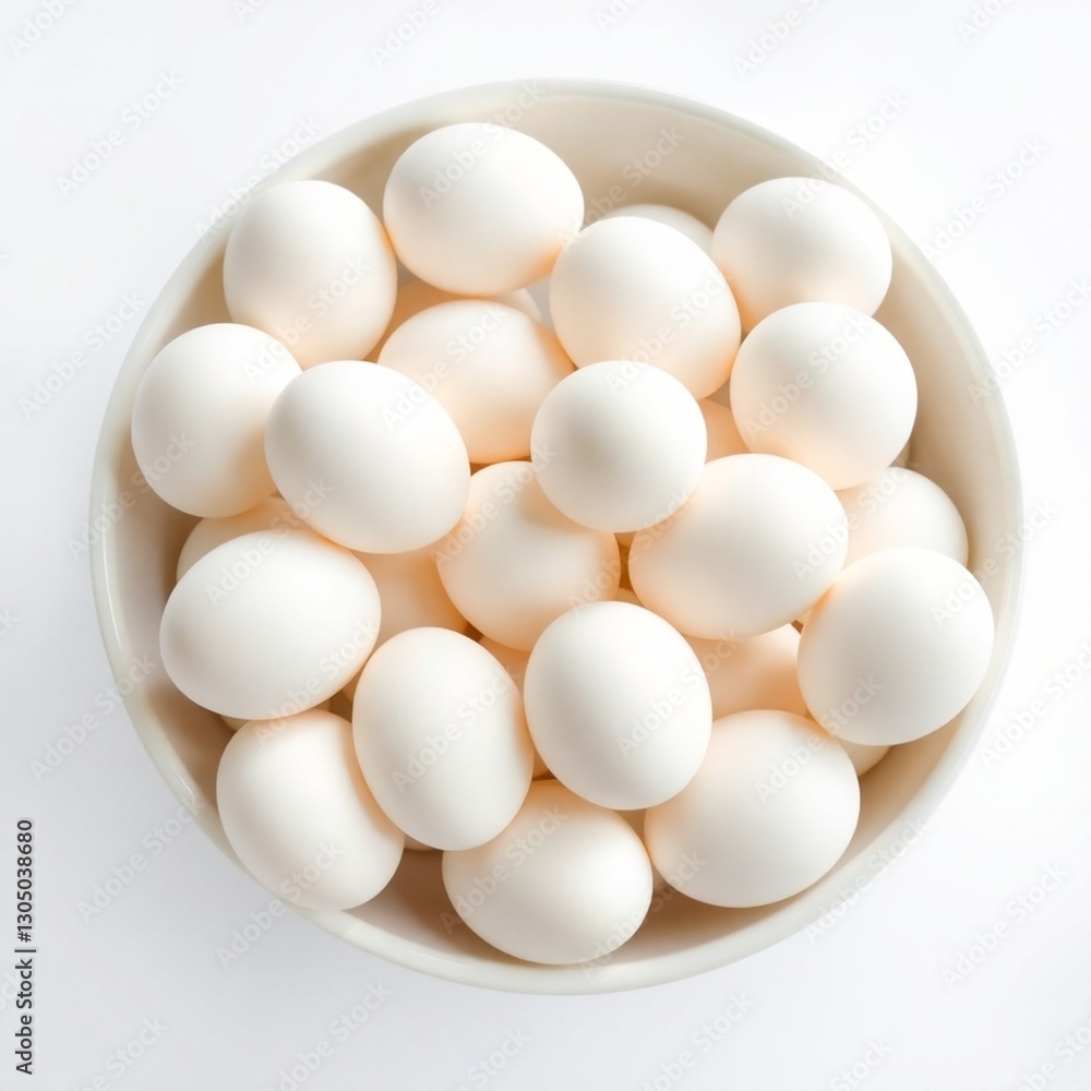 High-resolution stock photo a pristine white ceramic bowl overflowing with a dozen clean white eggs, isolated on a transparent background. High-resolution stock photo a pristine white ceramic bowl overflowing with a dozen clean white eggs, isolated on a transparent background.