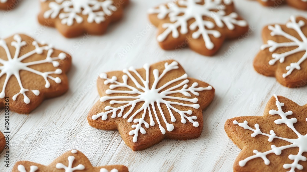 Decorated gingerbread cookies shaped like snowflakes, featuring intricate white icing designs on a light wooden surface. Decorated gingerbread cookies shaped like snowflakes, featuring intricate white icing designs on a light wooden surface.