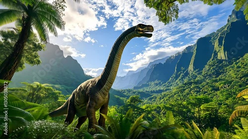 Brachiosaurus dinosaur with long neck extended standing majestically in a lush valley, The concept of dinosaur extinction	