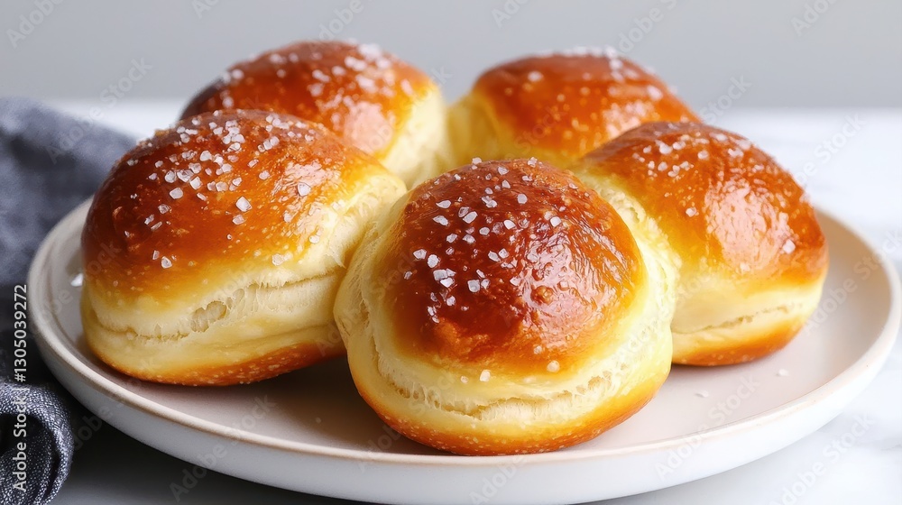 Golden, fluffy sweet rolls sprinkled with coarse salt, arranged on a white plate, showcasing a delicious and tempting bakery treat. Golden, fluffy sweet rolls sprinkled with coarse salt, arranged on a white plate, showcasing a delicious and tempting bakery treat.