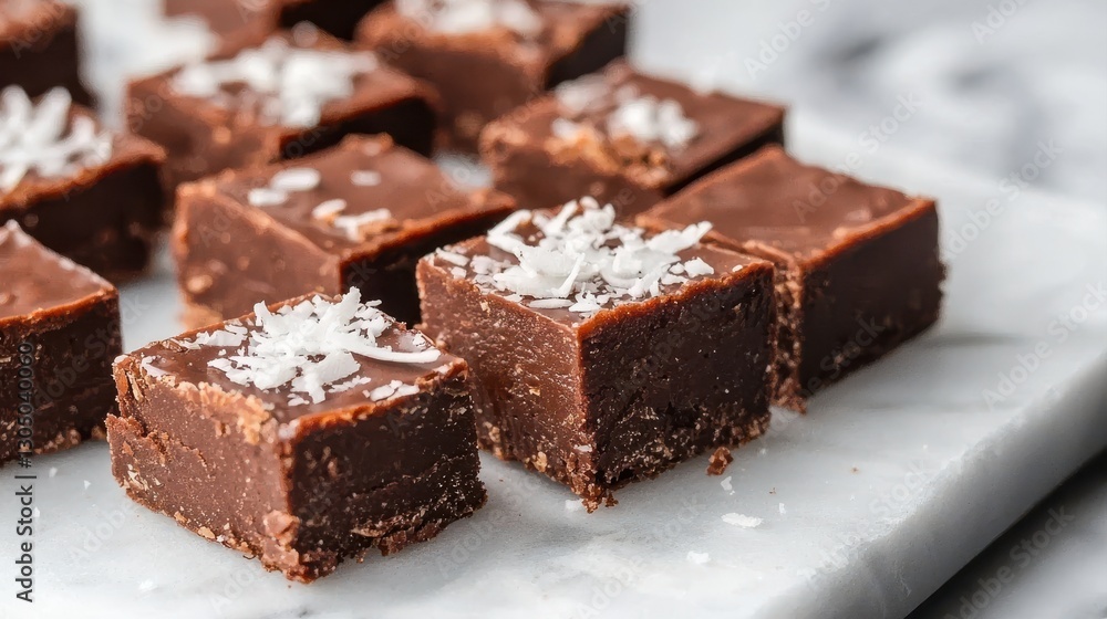 A close-up of rich chocolate fudge squares, topped with coconut flakes, arranged neatly on a marble surface. A close-up of rich chocolate fudge squares, topped with coconut flakes, arranged neatly on a marble surface.