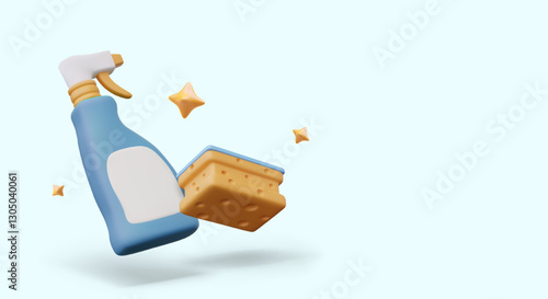 Plastic spray bottle with empty label, sponge with surfaces of different hardness, decorative stars. Vector advertising composition on blue background. Detergent mockup