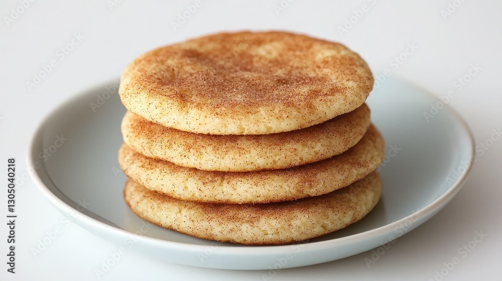 A stack of golden-brown snickerdoodle cookies on a pale plate, showcasing their soft texture and cinnamon sugar coating. A stack of golden-brown snickerdoodle cookies on a pale plate, showcasing their soft texture and cinnamon sugar coating.