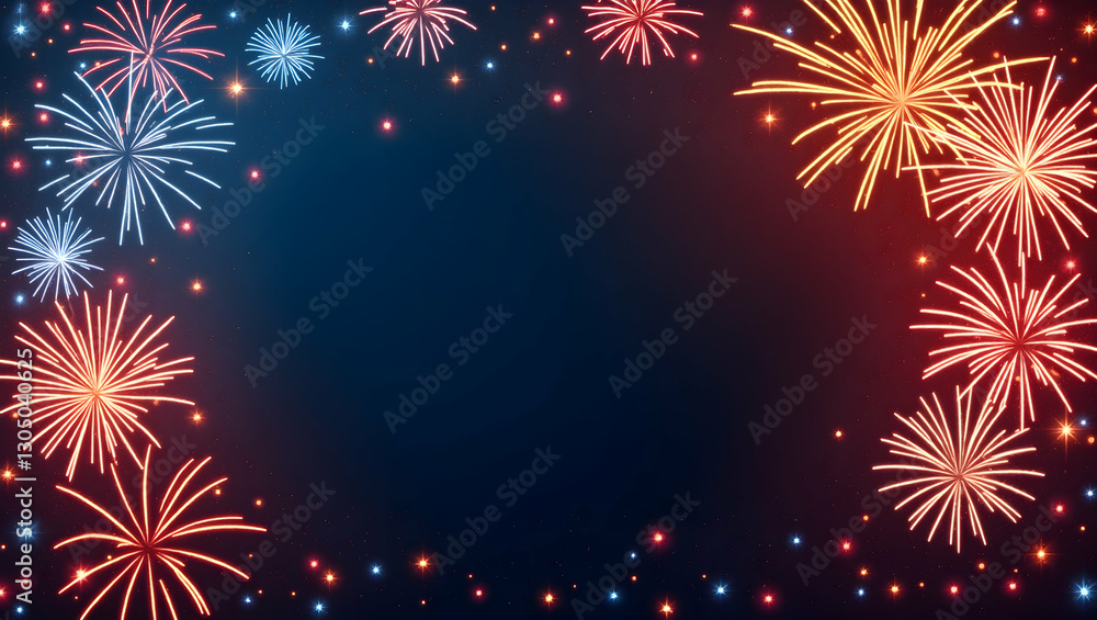 Fototapeta premium Vibrant American Flag and Colorful Fireworks Border Frame with Copy Space for Independence Day Celebrations - Perfect Photo Stock Concept for 4th of July!