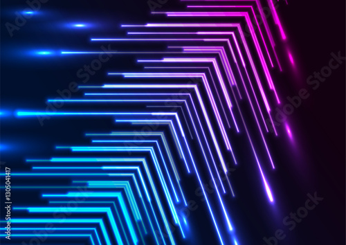 Blue purple neon glowing arrows technology abstract background. Futuristic laser graphic vector design